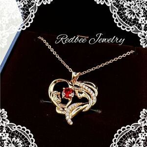 NIB Redbee 18kt GP, Yellow gold over s925, "garnet" CZ mom/child heart necklace!